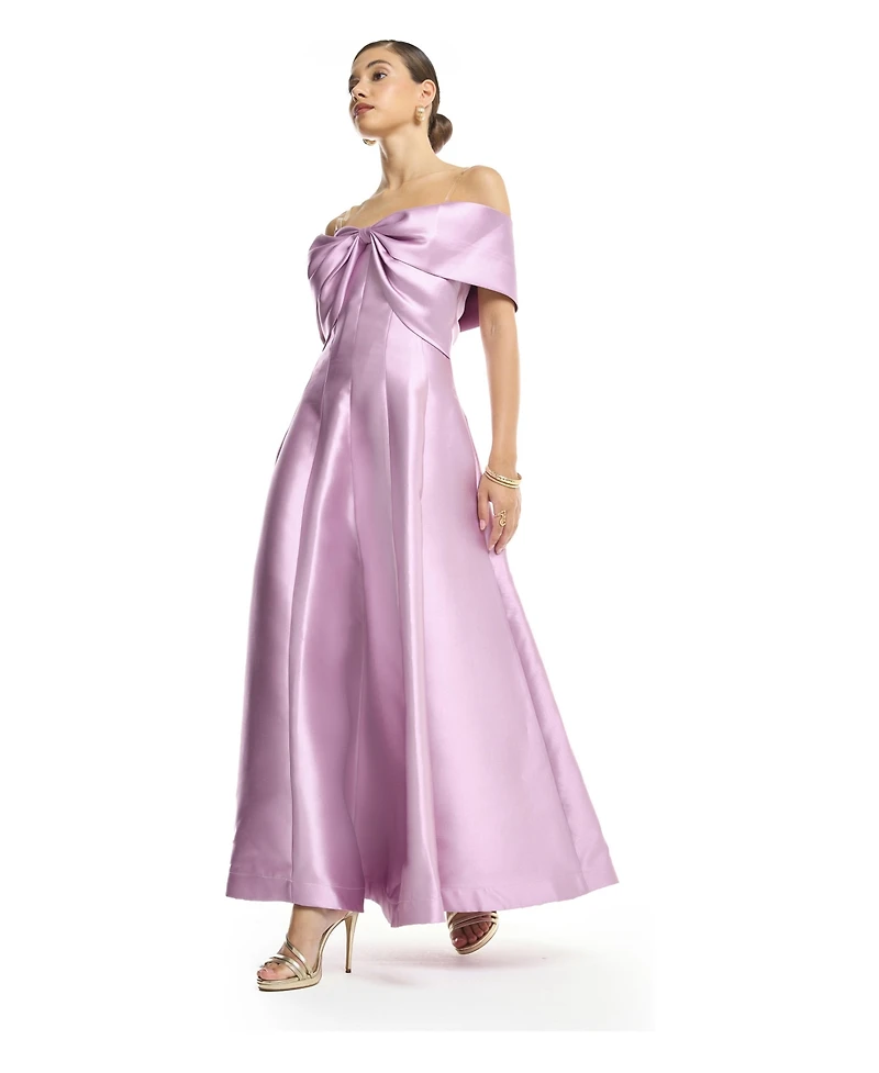 Amri Women's Off-Shoulder Bow Front Tea-Length Midi Dress Satin
