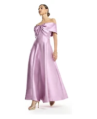 Amri Women's Off-Shoulder Bow Front Tea-Length Midi Dress Satin