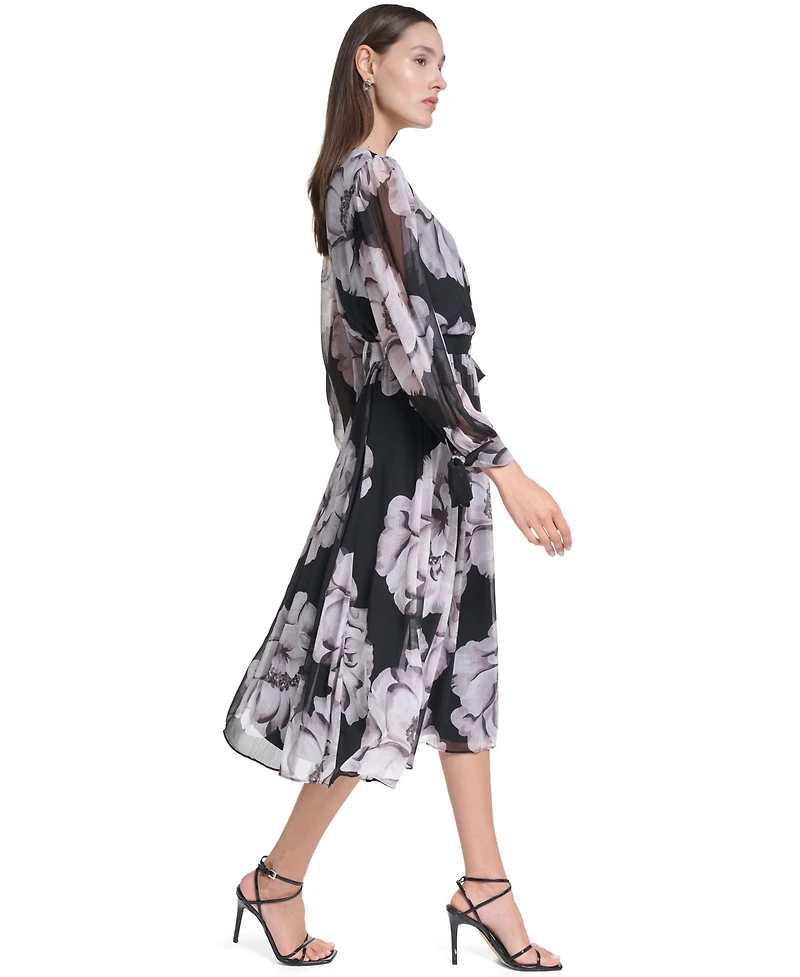 Calvin Klein Women's Floral-Print V-Neck Bishop-Sleeve Midi Dress