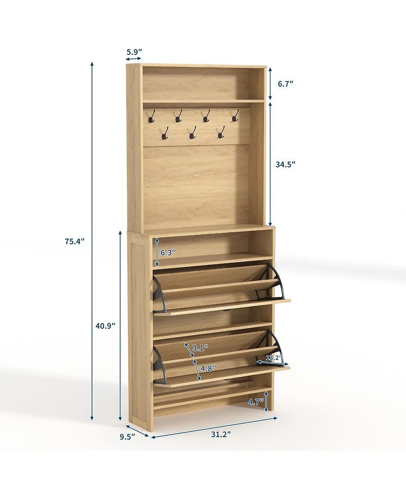 Slim Entryway Shoe Storage Cabinet, Hall Tree with 7 Coat Hooks and Open Shelf, Adjustable Anti-Tip Kit