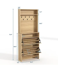Slim Entryway Shoe Storage Cabinet, Hall Tree with 7 Coat Hooks and Open Shelf, Adjustable Anti-Tip Kit