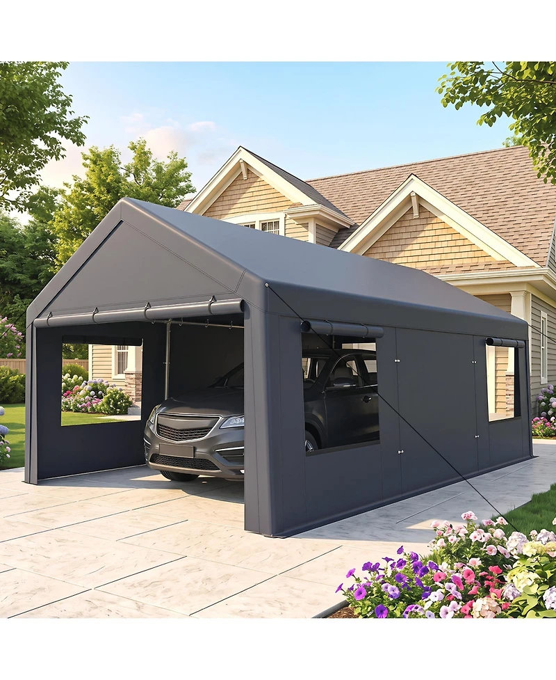 Gymax 10x20 Ft Portable Garage 2 Doors and 4 Roll Up Mesh Windows Pe Cover for Car