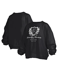 Pressbox Women's Wisconsin Badgers Big Aug Script Janice Oversized Cropped Graphic Crewneck Pullover Sweatshirt