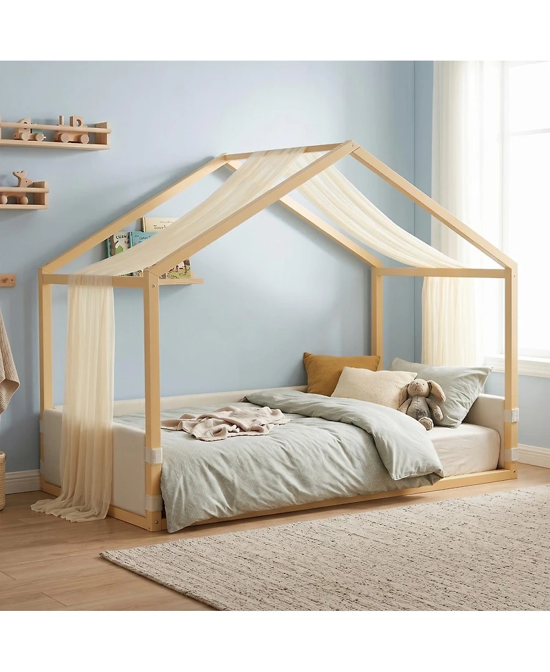 Streamdale Furniture Twin Size Velvet Canopy Bed with Gauze Canopy and Platform Frame