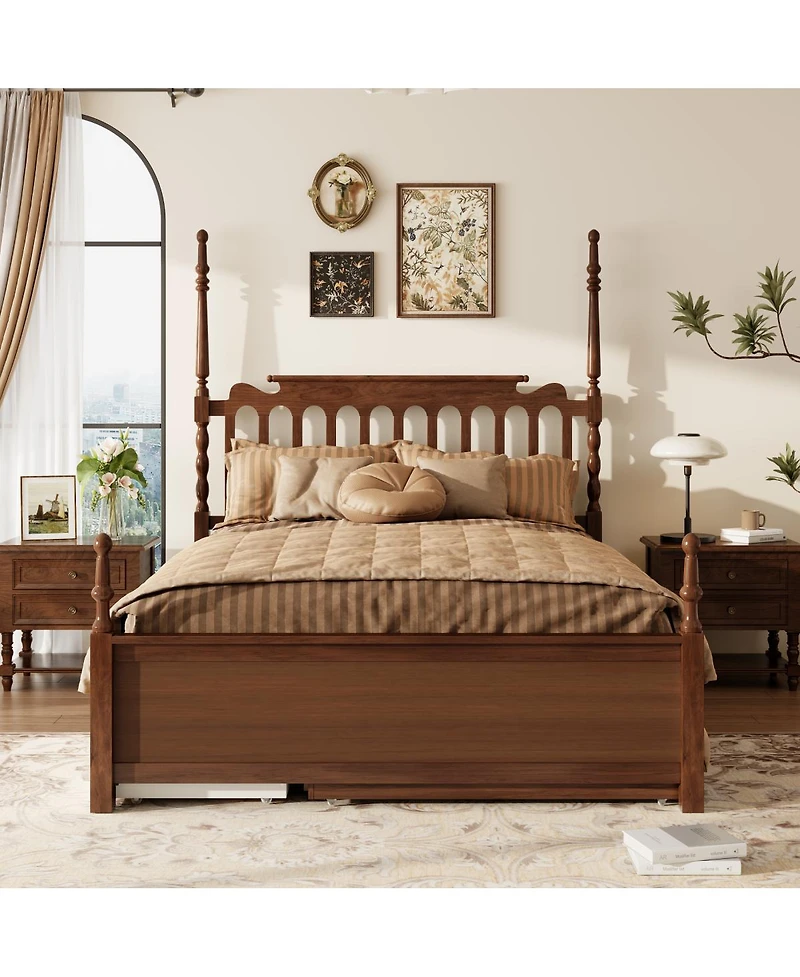 Streamdale Furniture Queen Platform Bed with Twin Xl Trundle, 2 Drawers, and Spindle Headboard