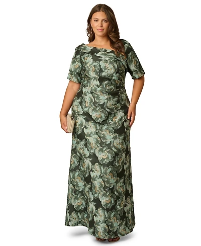 Adrianna Papell Plus Floral Asymmetrical Neckline Short Sleeve Gown