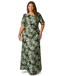 Adrianna Papell Plus Floral Asymmetrical Neckline Short Sleeve Gown