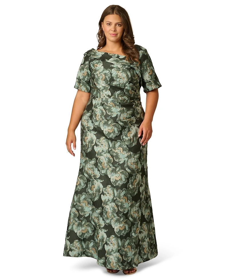 Adrianna Papell Plus Floral Asymmetrical Neckline Short Sleeve Gown