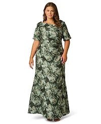 Adrianna Papell Plus Floral Asymmetrical Neckline Short Sleeve Gown