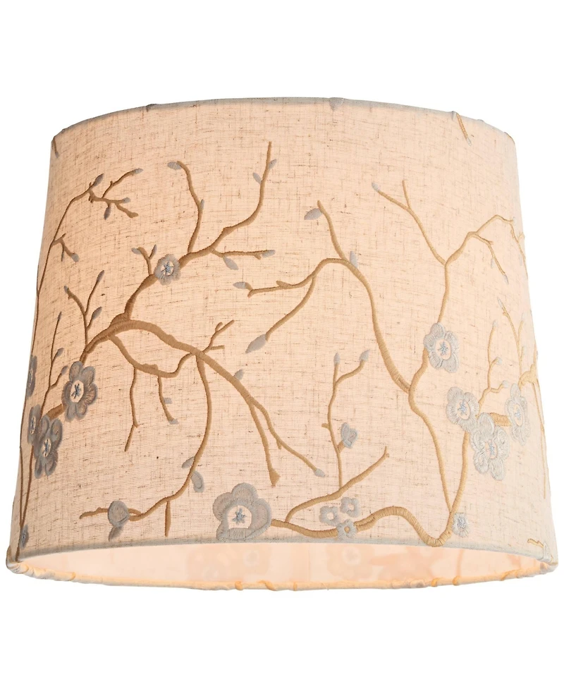 Springcrest Beige Plum Flower Embroidery Medium Drum Lamp Shade 12" Top x 14" Bottom x 11" Slant (Spider) Replacement with Harp and Fin