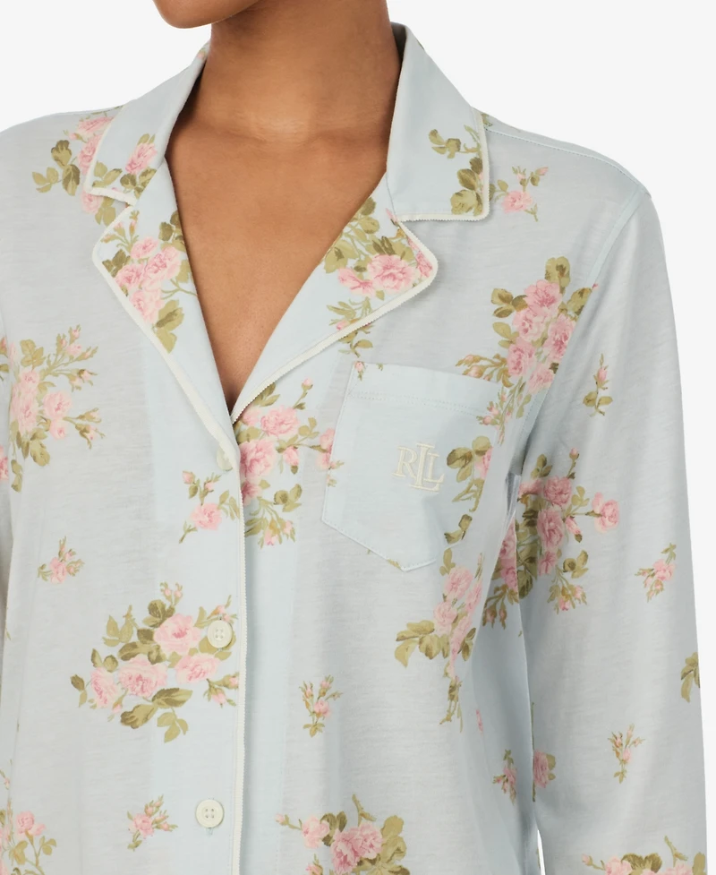 Lauren Ralph Petite Long-Sleeve Notch-Collar Floral Pajama Top and Pants, 2-Piece Set