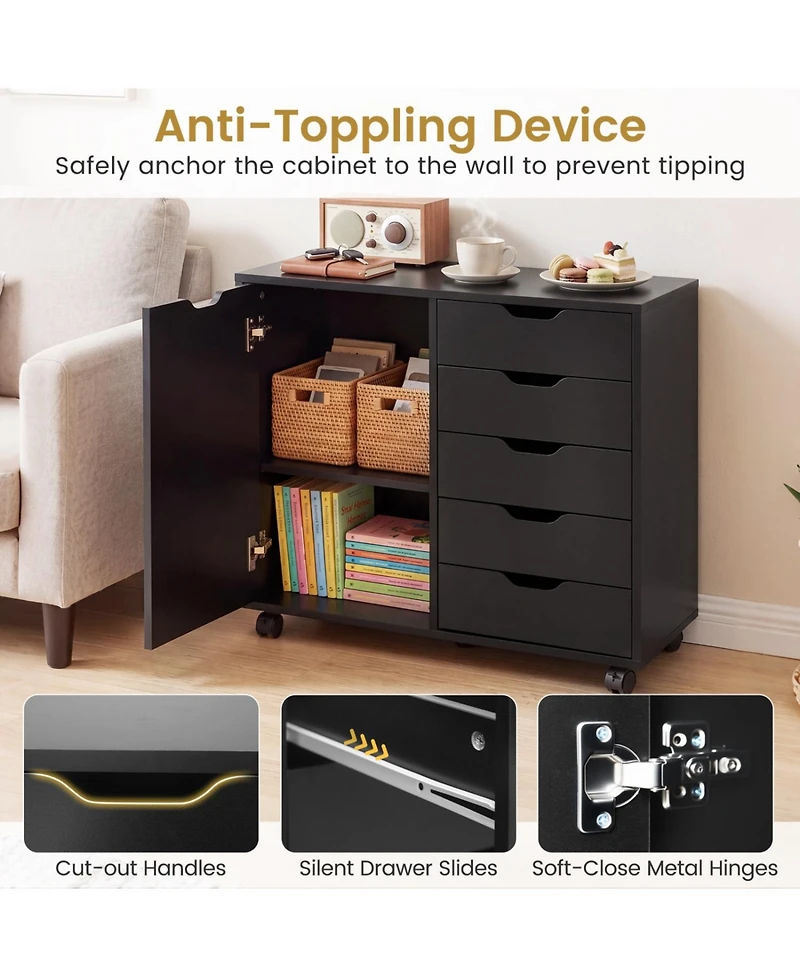 Mecale 5-Drawer Mobile Storage Cabinet with Door and Adjustable Shelf