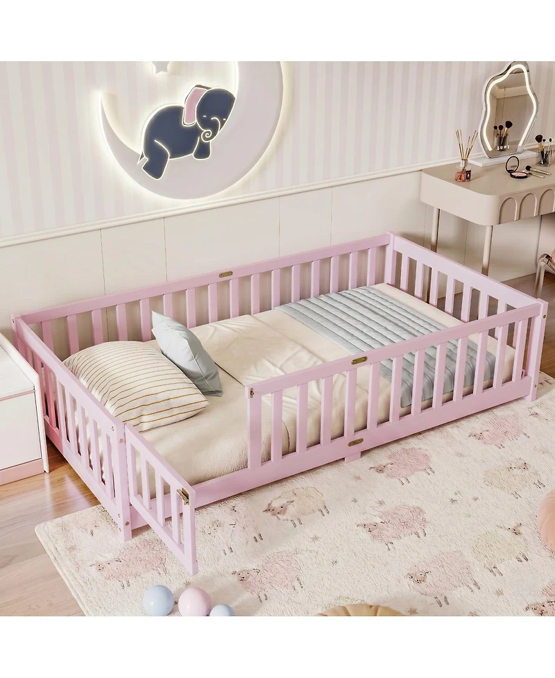 Streamdale Furniture Twin Size Wood Floor Bed with Fence and Door