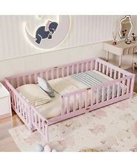Streamdale Furniture Twin Size Wood Floor Bed with Fence and Door