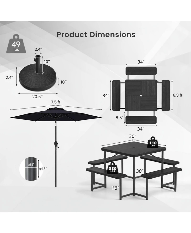 Sugift Hdpe Outdoor Picnic Table Set with Umbrella and Base