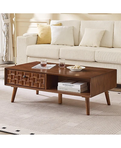 Streamdale FurnitureFarmhouse Wooden Coffee Table with Hidden Drawer and Open Shelf