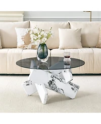Streamdale Furniture Artistic Cross X-Shaped Tempered Glass and Marble Coffee Table