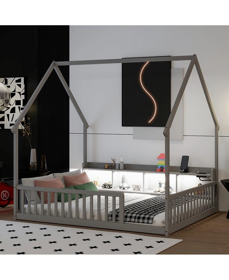 Streamdale Furniture Full House Floor Bed with Storage, Led, Charging Station and Guardrails
