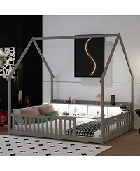 Streamdale Furniture Full House Floor Bed with Storage, Led, Charging Station and Guardrails