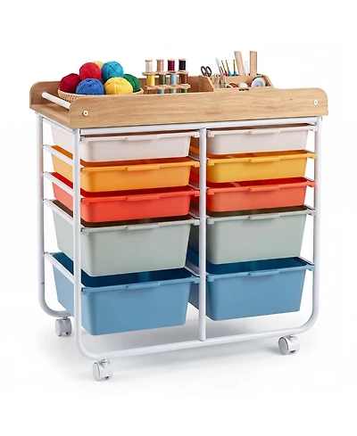 Mecale 10-Drawer Rolling Cart with Raised-Edge Wooden Top
