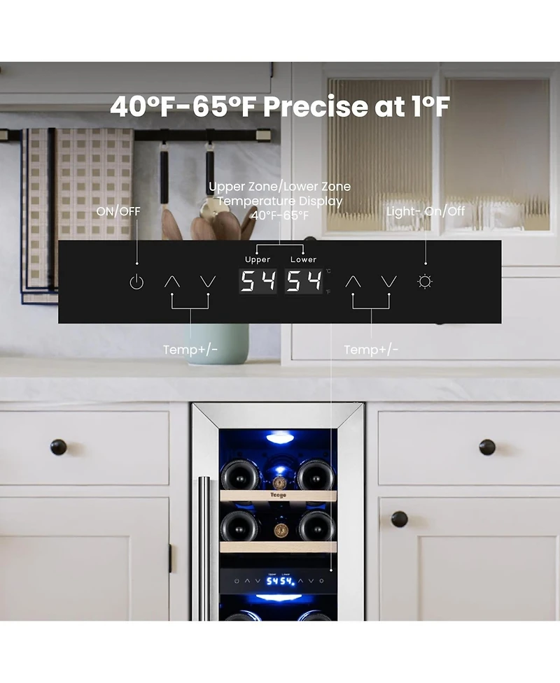 Yeego 12 Inch Wine Fridge Cooler 40degree(s)F-65degree(s)F Dual Zone 17 Bottles Right-Hinged,For White/Red Wine,Champagne With Glass Door,Lights