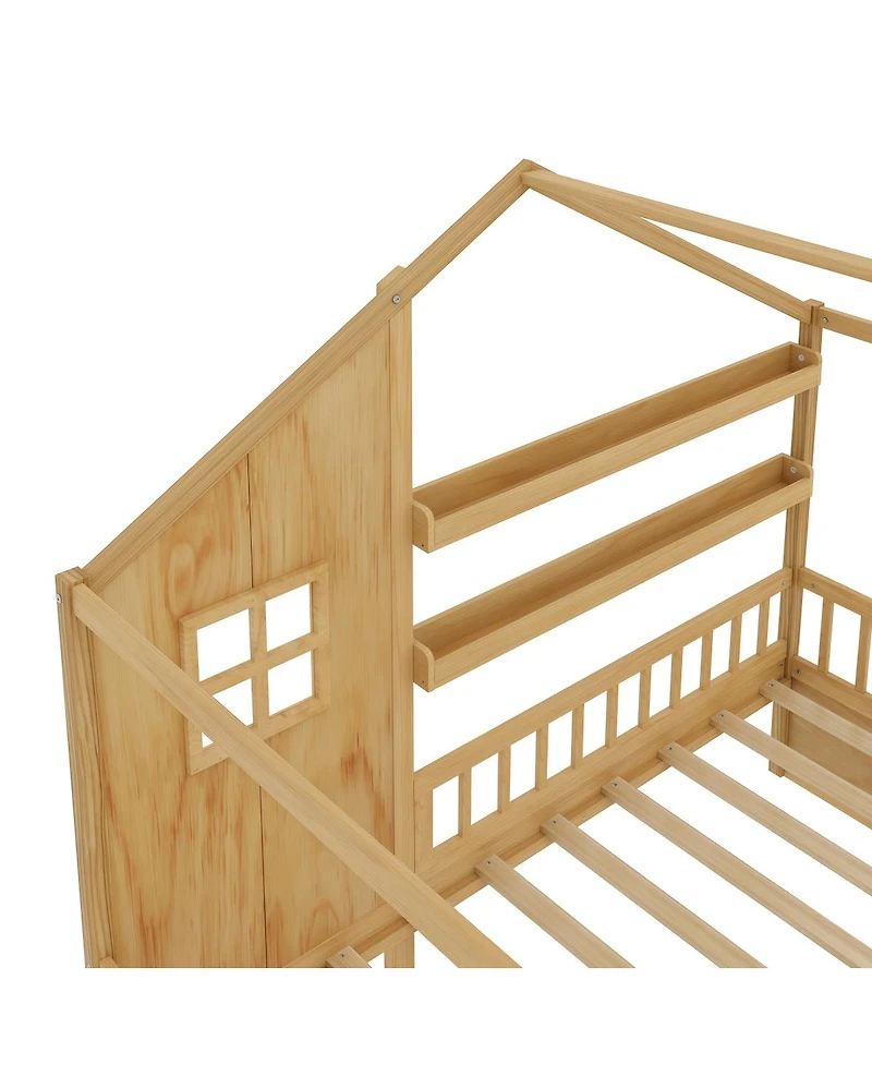 Streamdale Furniture Montessori Kids Full Floor Bed with Roof, Guardrails and 2 Drawers