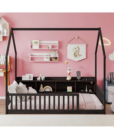 Streamdale Furniture Twin House Floor Bed with Storage, Led, Charging Station