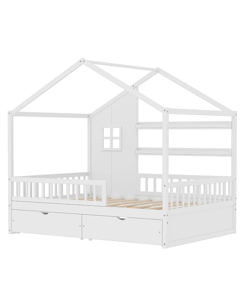 Streamdale Furniture Kids Montessori Floor Bed with Roof, Guardrails and 2 Drawers