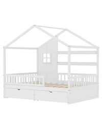 Streamdale Furniture Kids Montessori Floor Bed with Roof, Guardrails and 2 Drawers