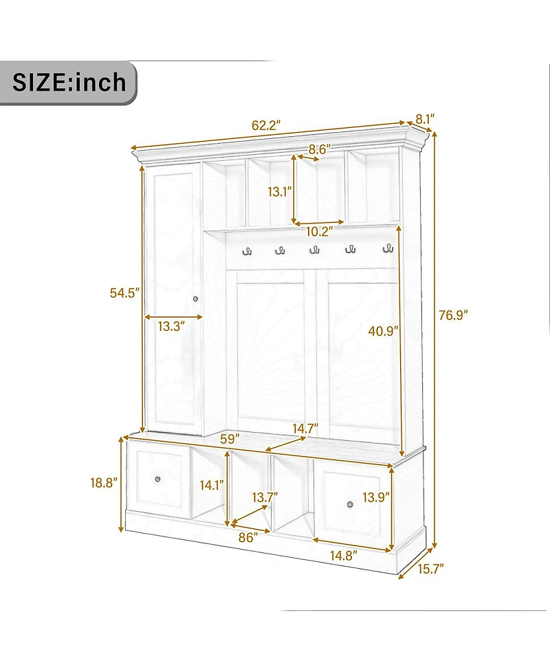Streamdale Furniture 62.2" Farmhouse Hall Tree with Shoe Storage Bench and Coat Rack