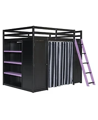 Streamdale Furniture Wood Full Loft Bed with Wardrobe, Shelves, Curtains and Rgb Lights