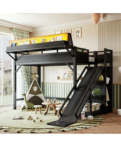 Streamdale Furniture Twin Xl Metal Loft Bed with Slide, Wardrobe and Led Lights