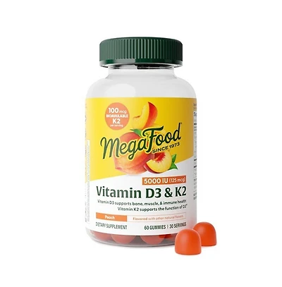 MegaFood Vitamin D3 and K2 Gummies, 5000 Iu, Bone and Immune Health Support, 60 Peach Gummies