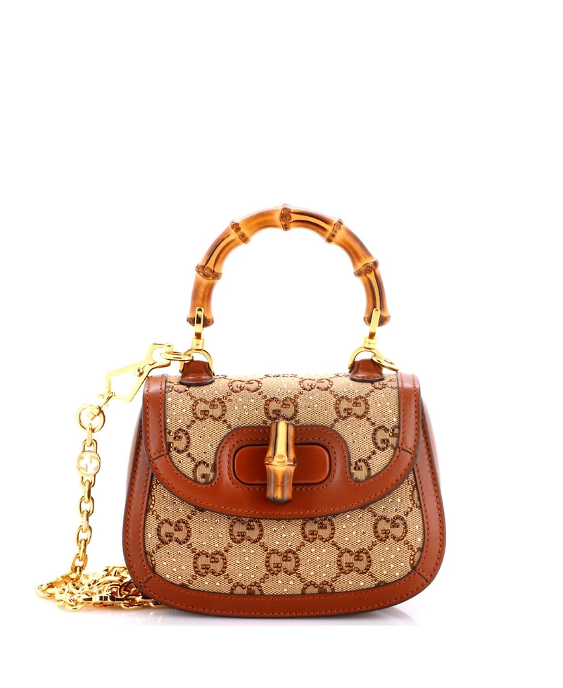 Pre-Owned Gucci Mini Bamboo 1947 Top Handle Bag Crystal Embellished Gg Canvas