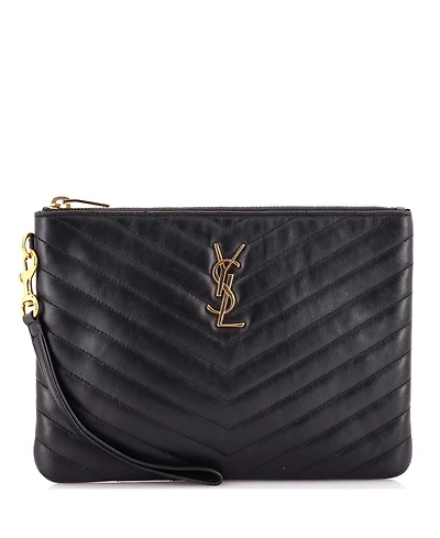 Pre-Owned Saint Laurent Small Classic Monogram Wristlet Pouch Matelasse Chevron Leather