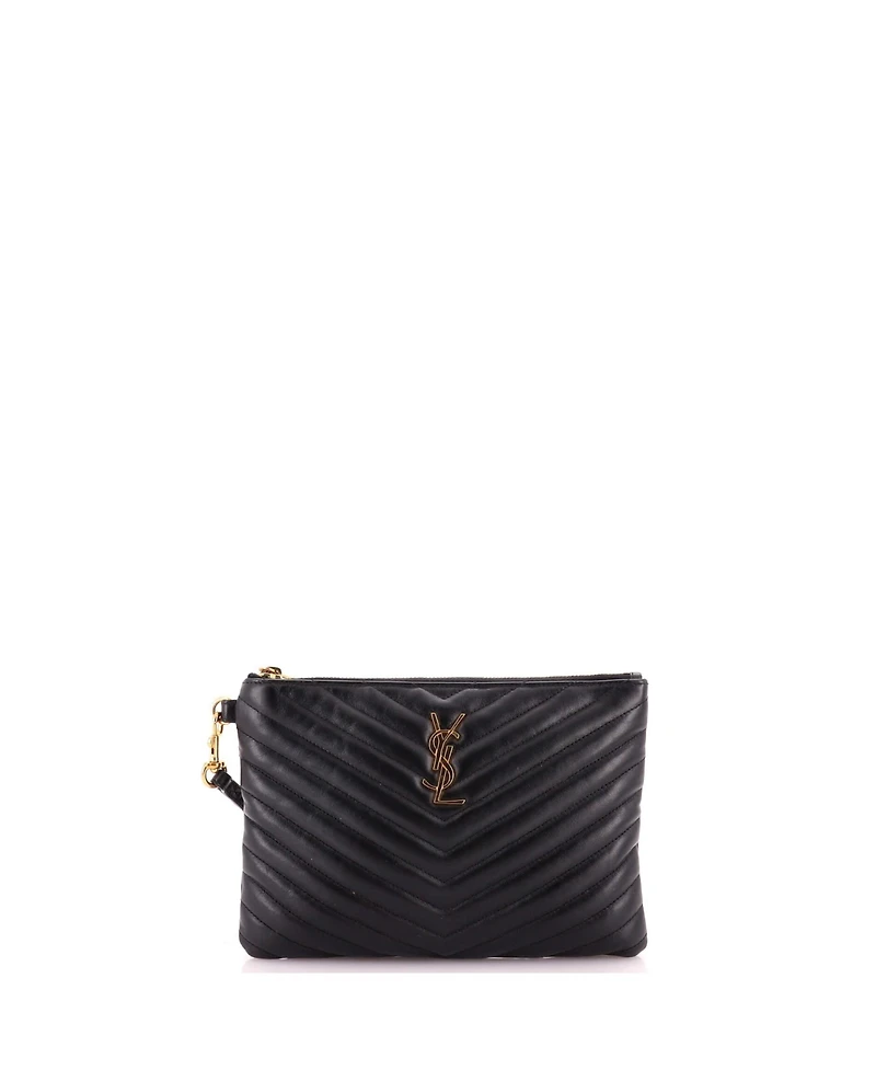 Pre-Owned Saint Laurent Small Classic Monogram Wristlet Pouch Matelasse Chevron Leather