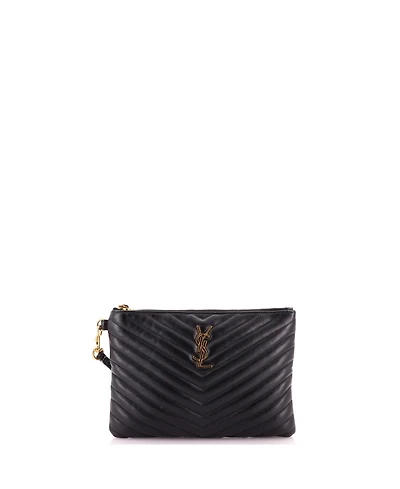 Pre-Owned Saint Laurent Small Classic Monogram Wristlet Pouch Matelasse Chevron Leather