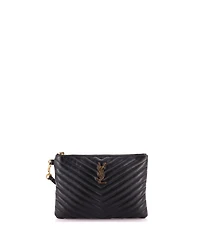 Pre-Owned Saint Laurent Small Classic Monogram Wristlet Pouch Matelasse Chevron Leather