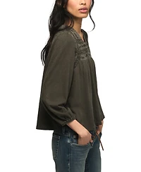 Lucky Brand Women's Trim Mix Knit Lace-Trim Embroidered Peasant Top