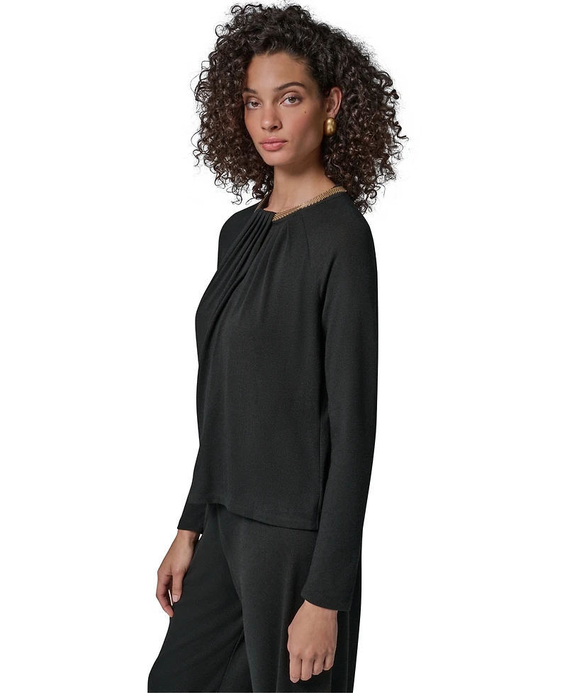 Donna Karan New York Women's Necklace Detail Long-Raglan Sleeves Keyhole Cutout Pullover