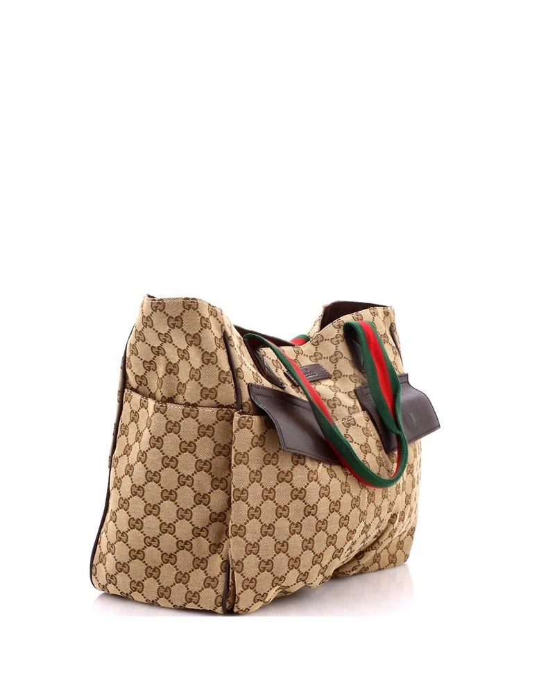 Pre-Owned Gucci Medium Double Pocket Web Handle Tote Gg Canvas