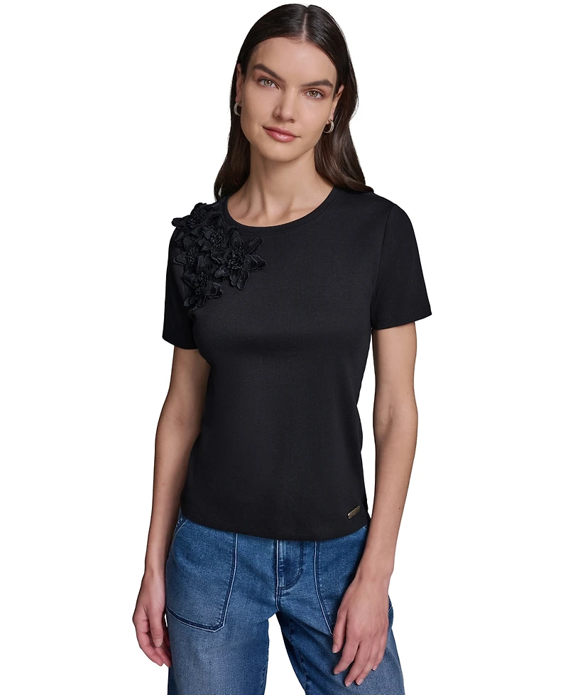 Karl Lagerfeld Paris Women's Floral Applique Short-Sleeve Rib Knit Top