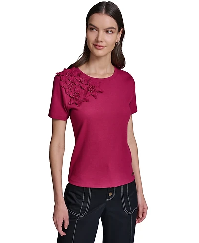 Karl Lagerfeld Paris Women's Floral Applique Short-Sleeve Rib Knit Top
