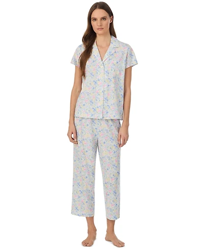 Lauren Ralph Women's Short-Sleeve Notch Collar Cropped Pant Pajama Set