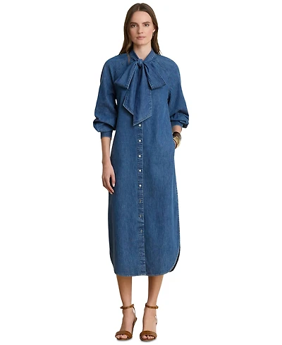 Lauren Ralph Women's Denim Tie-Neck Midi Shirtdress