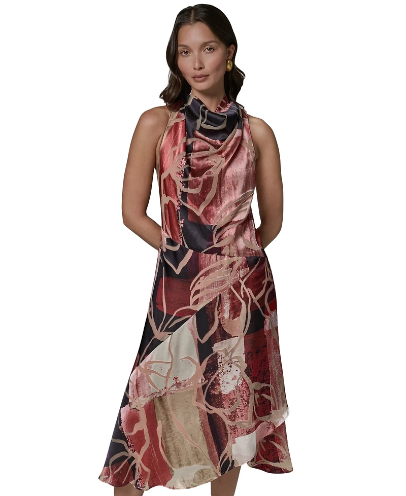 Donna Karan New York Women's Printed Burnout High Cowl Neck Dress