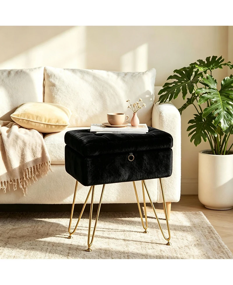 Vanity Stool Chair with Storage,Vanity Bench,Faux Fur, Modern Cute Small Footrest,Soft Ottoman,Metal Legs,Adjustable Feet, for Living Room,Bedroom