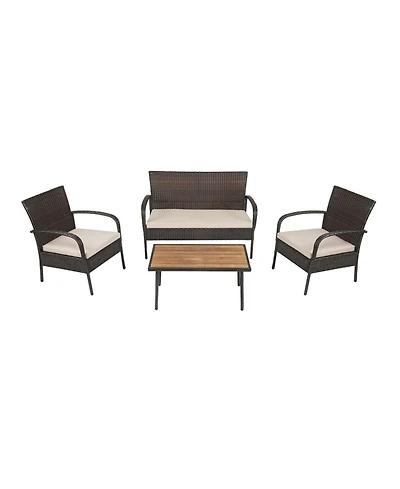 Clihome 4 Pieces Patio Cushioned Wicker Set with Acacia Wood Tabletop