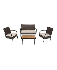 Clihome 4 Pieces Patio Cushioned Wicker Set with Acacia Wood Tabletop