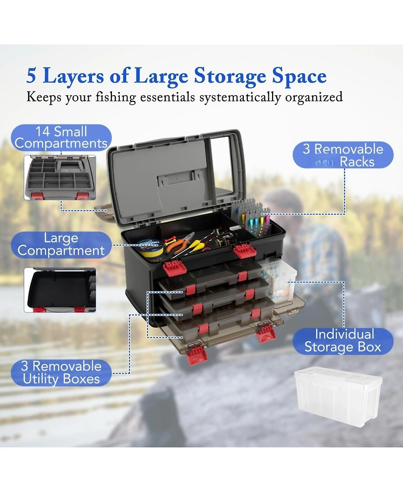 Piscifun 5 Layer Fishing Tackle Box Organizer With Removable Utility Boxes Adjustable Dividers Portable Storage